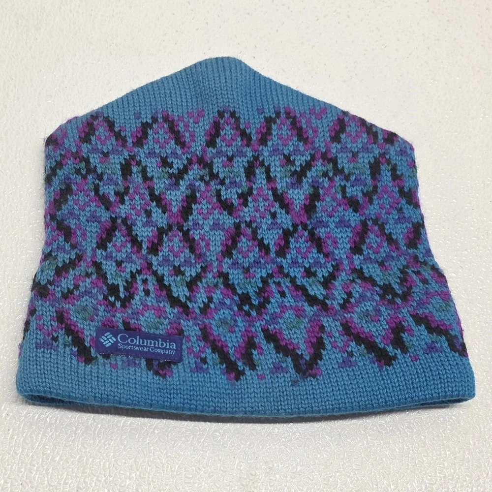Vintage 90s Columbia Diamond Peak Knit Wool Beanie Hat Blue Purple Red Black